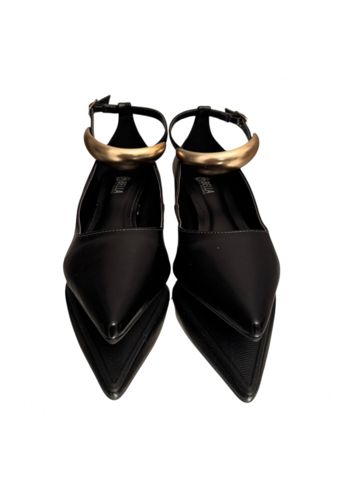 Scarpin Napa Intense Preto tornozeleira dourada Salto 4 cm