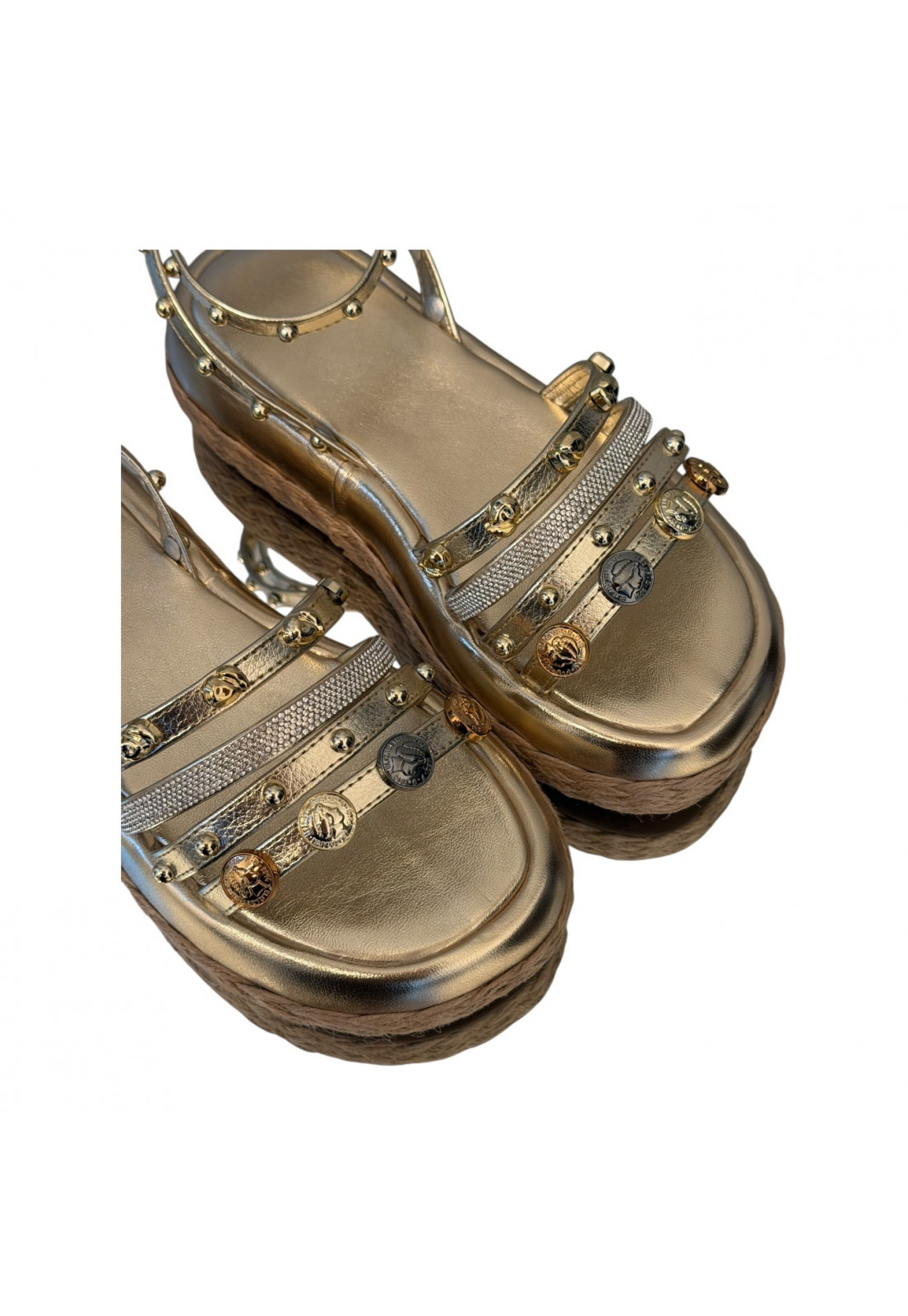 Sandália Papete Dourada Metalizada Tiras Strass e spikes