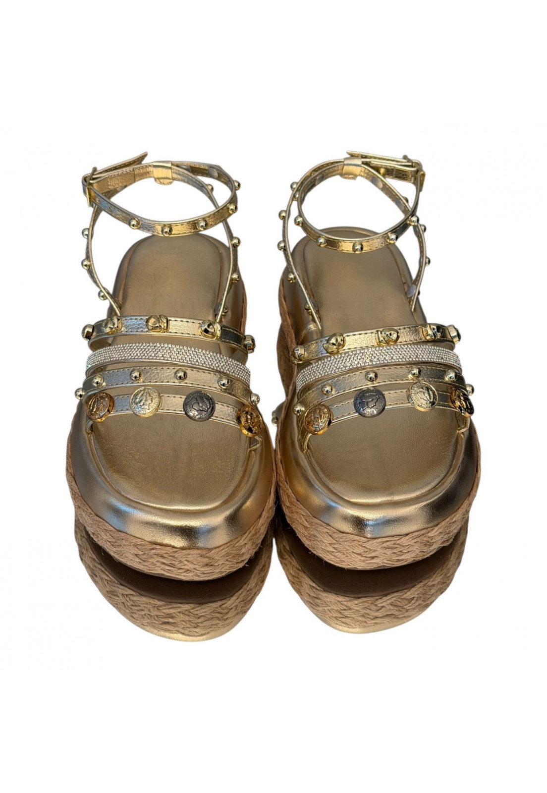 Sandália Papete Dourada Metalizada Tiras Strass e spikes