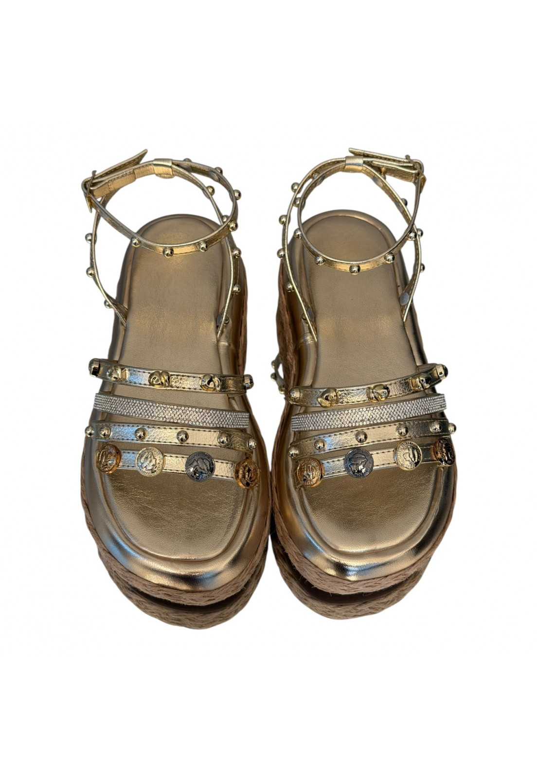 Sandália Papete Dourada Metalizada Tiras Strass e spikes