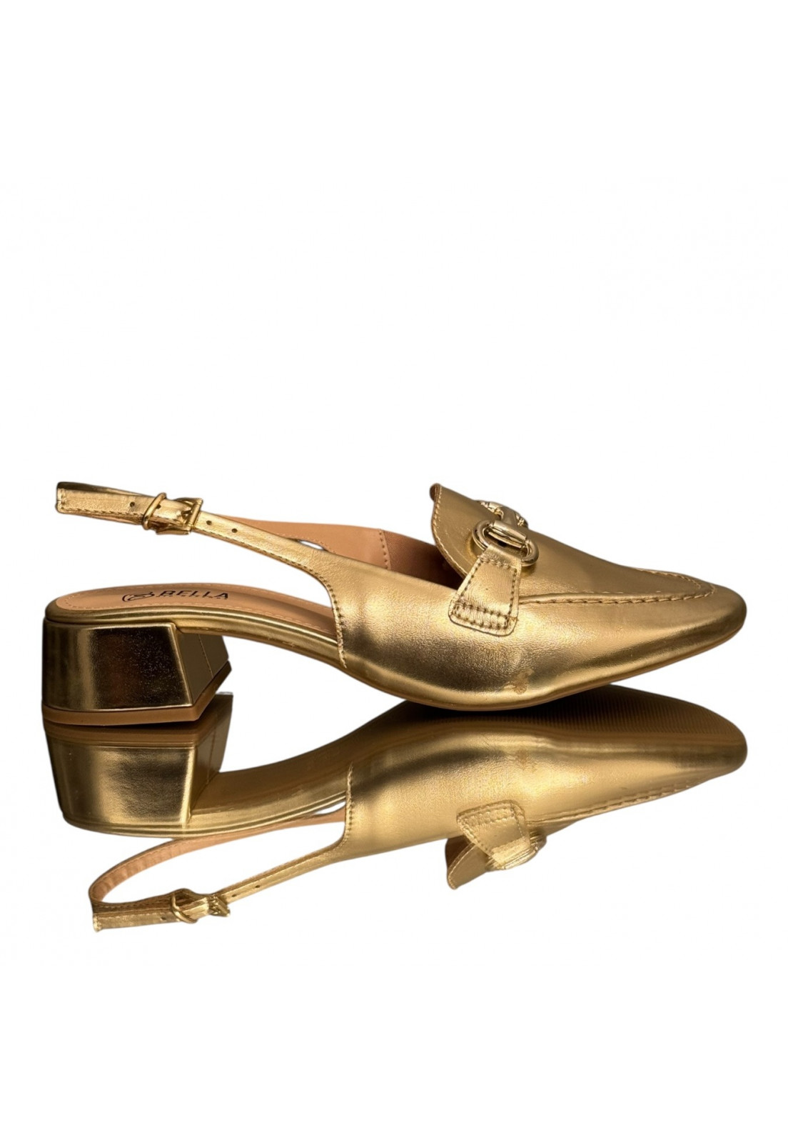 Scarpin Slingback estilo Mocassim Dourado com fivela dourada