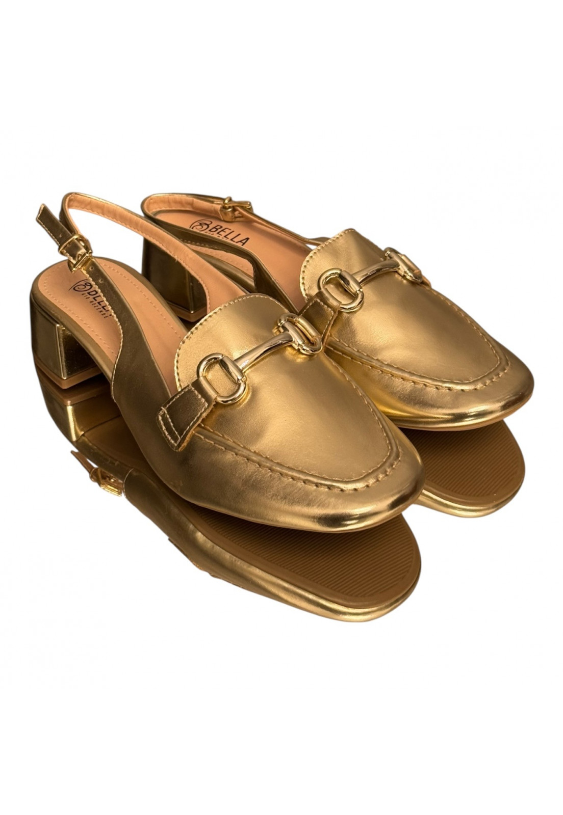 Scarpin Slingback estilo Mocassim Dourado com fivela dourada