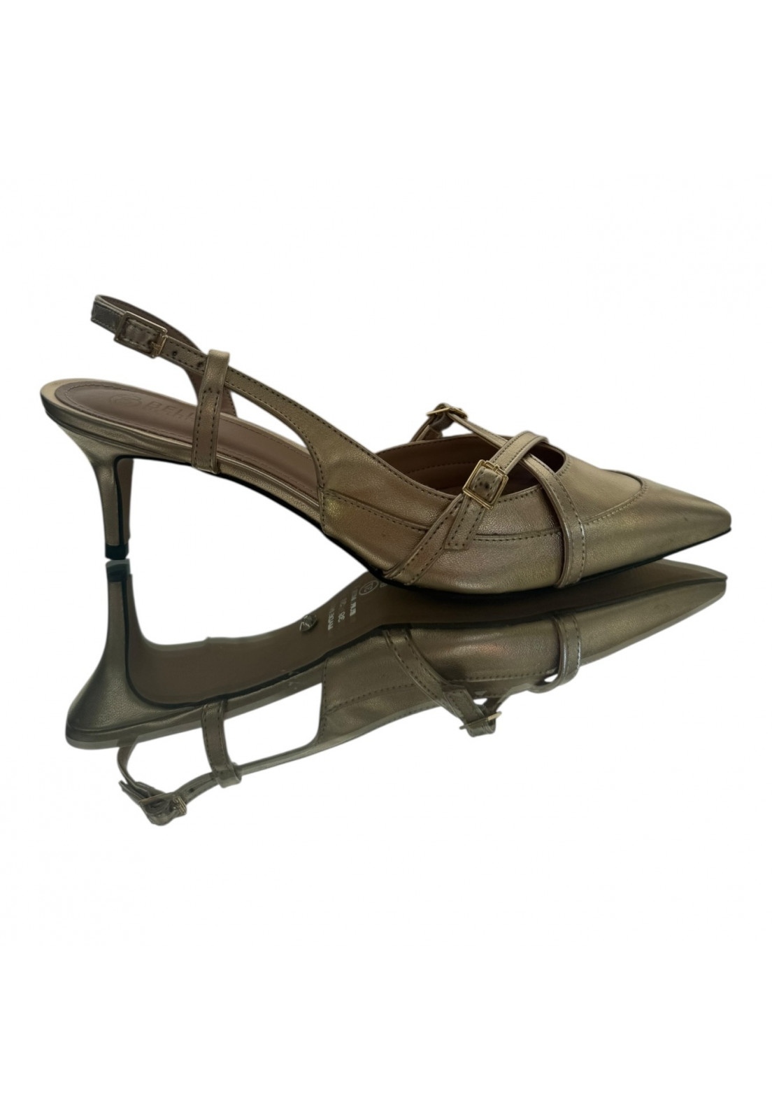 Scarpin  Metalizado Dourado Long Beak Slingback Salto 5 cm