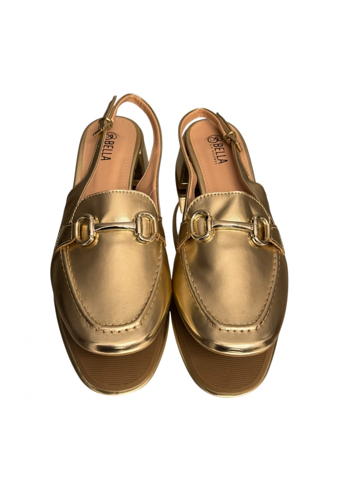 Scarpin Slingback estilo Mocassim Dourado com fivela dourada