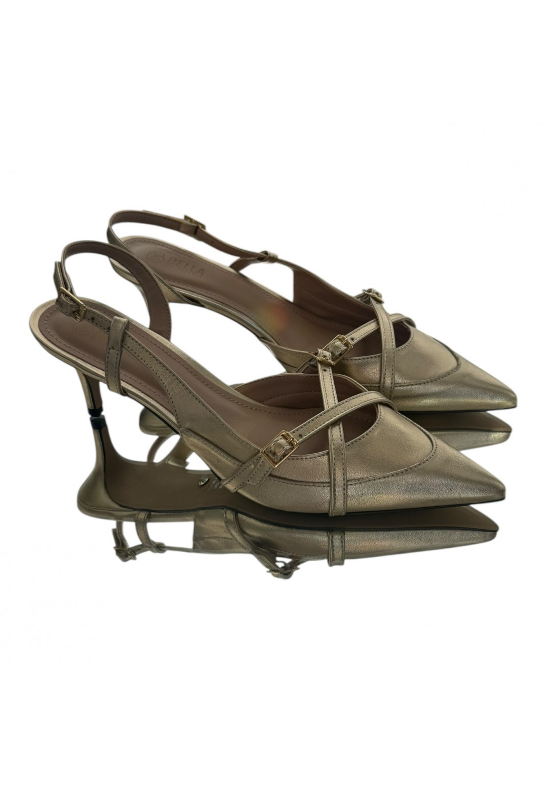 Scarpin  Metalizado Dourado Long Beak Slingback Salto 5 cm