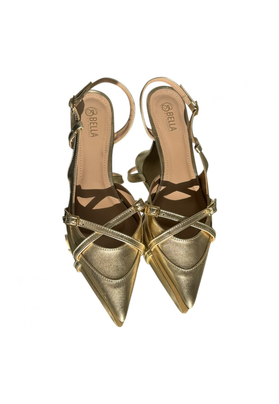 Scarpin  Metalizado Dourado Long Beak Slingback Salto 5 cm