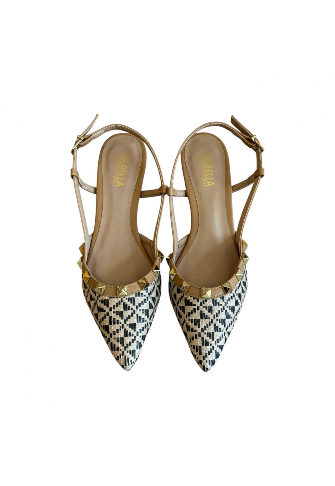 Scarpin Nude Palha Tramado com spike dourado salto 5cm 