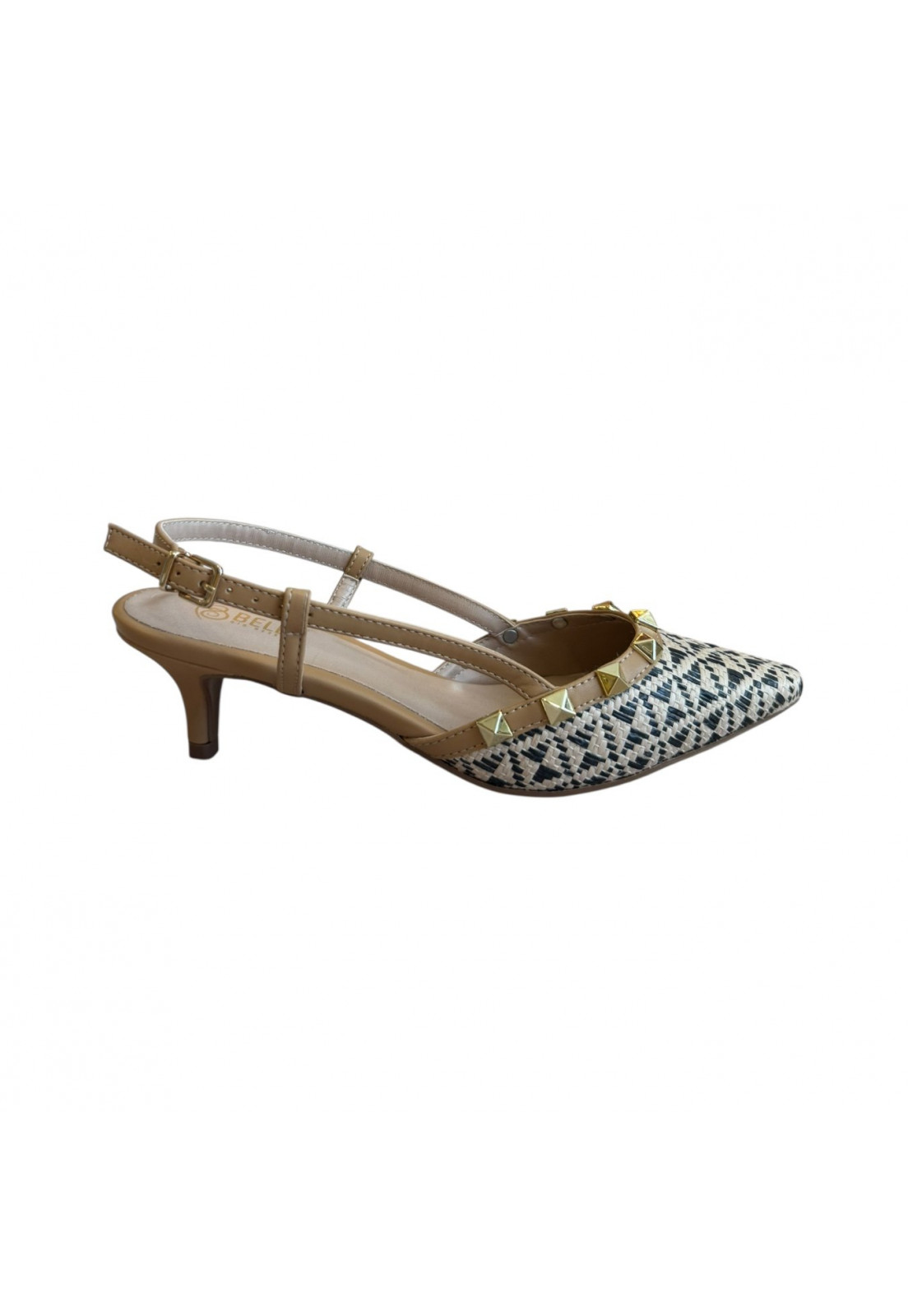 Scarpin Nude Palha Tramado com spike dourado salto 5cm 