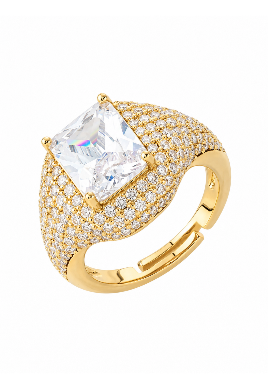 Anel regulável cravejado de zircônia cristal banho em ouro 18k