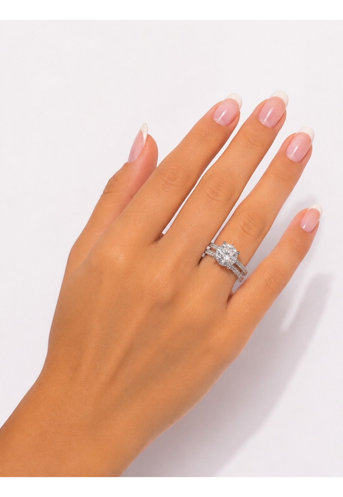 ANEL SOLITÁRIO DUPLO RÓDIO BRANCO PEDRA ESPINÉLIO 4MM E CRAVEJADOS MICROZIRCONIAS