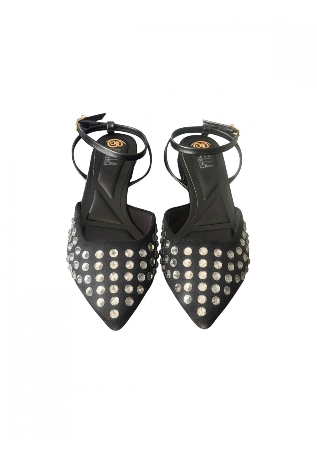 Sapatilha Slingback com salto baixo e strass Preta Sapatilha Slingback com salto baixo e strass Preta