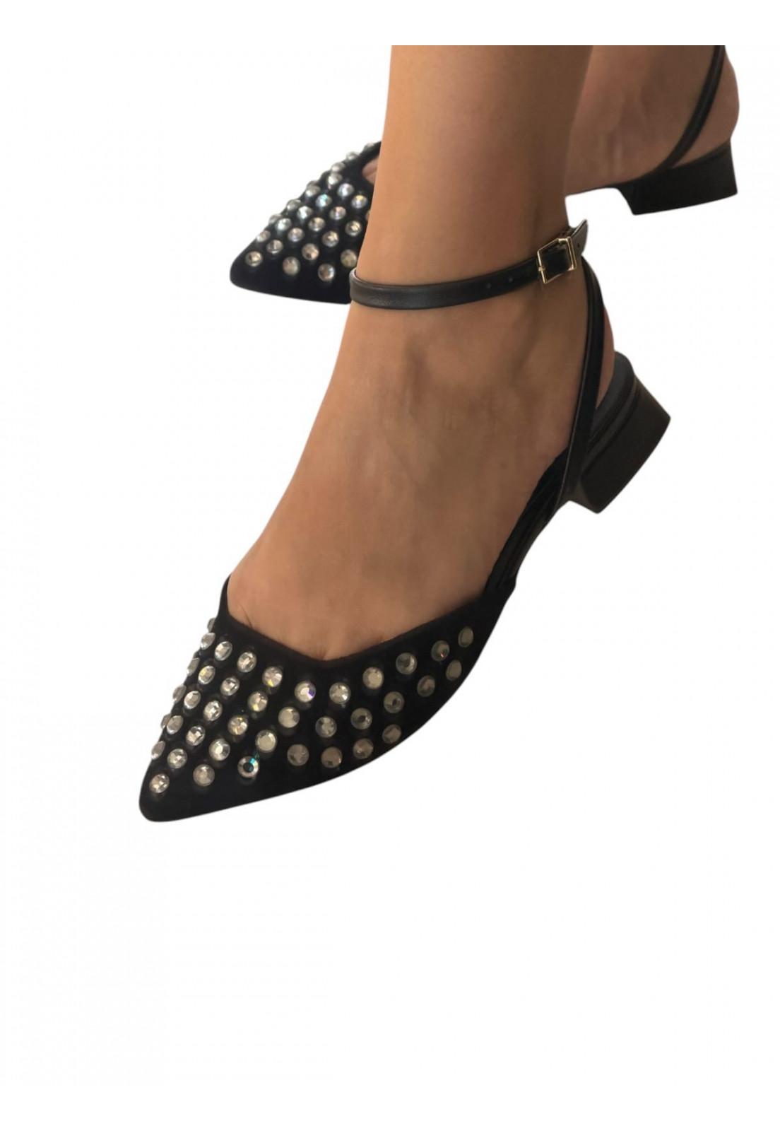 Sapatilha Slingback com salto baixo e strass Preta Sapatilha Slingback com salto baixo e strass Preta