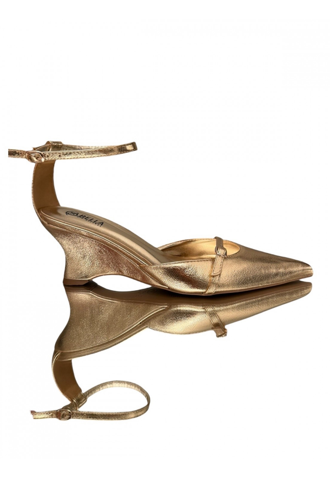 Scarpin LUMIERE Gold dourado metalizado salto anabela