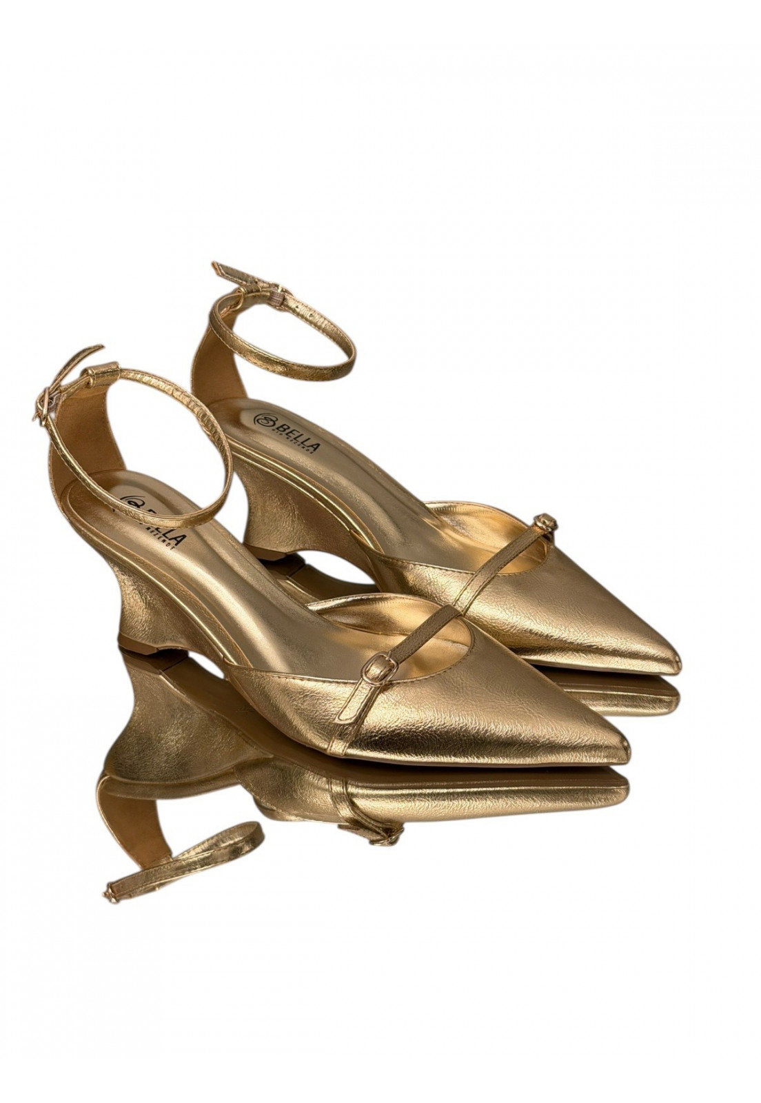 Scarpin LUMIERE Gold dourado metalizado salto anabela Scarpin LUMIERE Gold dourado metalizado salto anabela