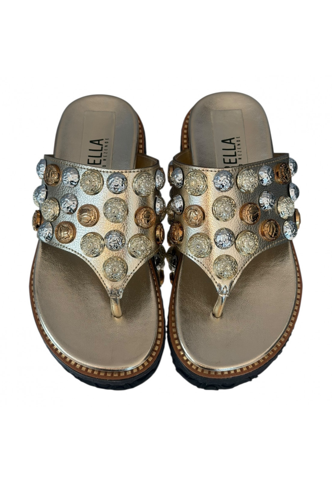 Sandália Papete de Dedo Dourada Metalizada com moedas decorativas