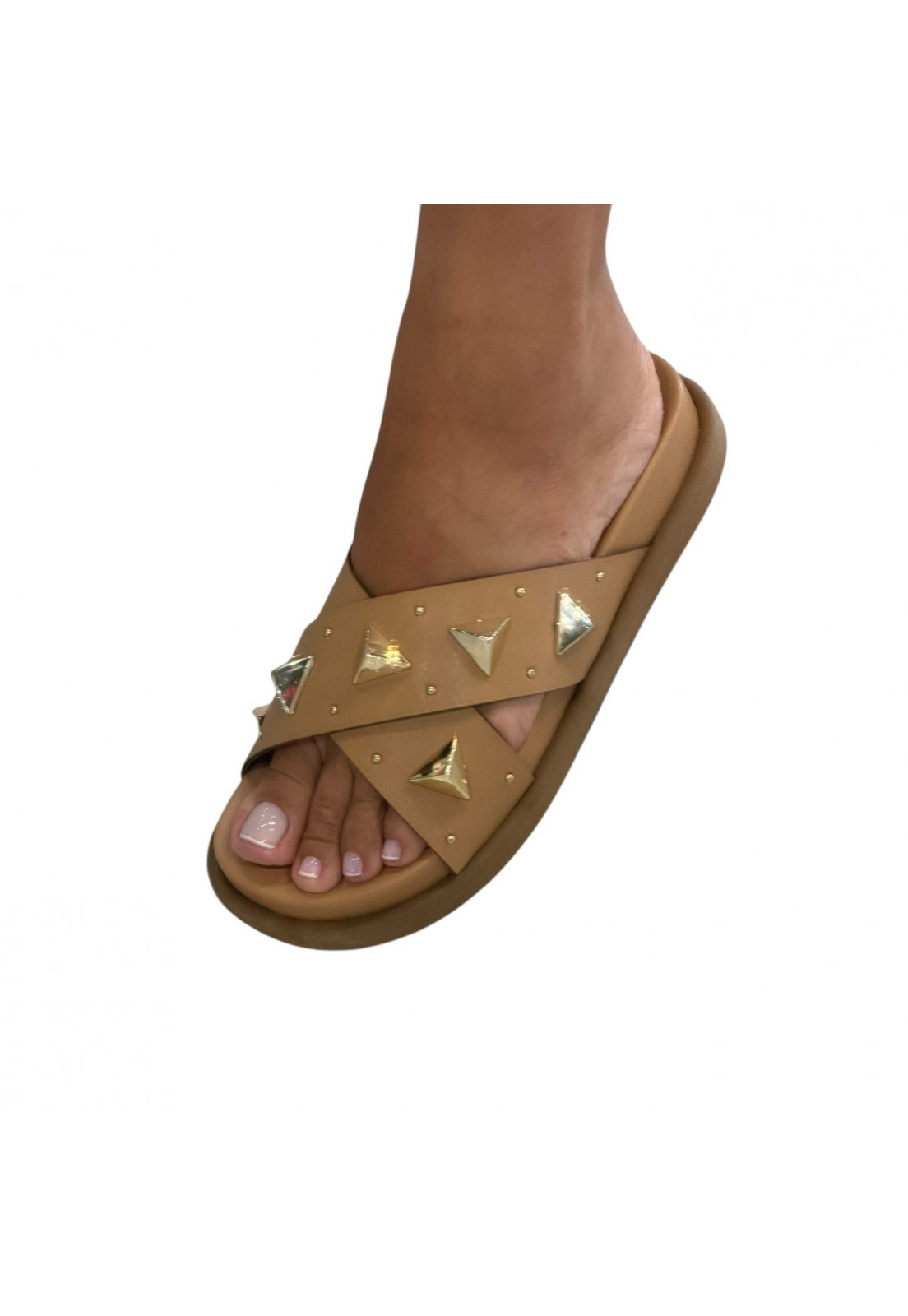 Sandália PAPETE BIRKEN Nude Piramides Spikes Dourada