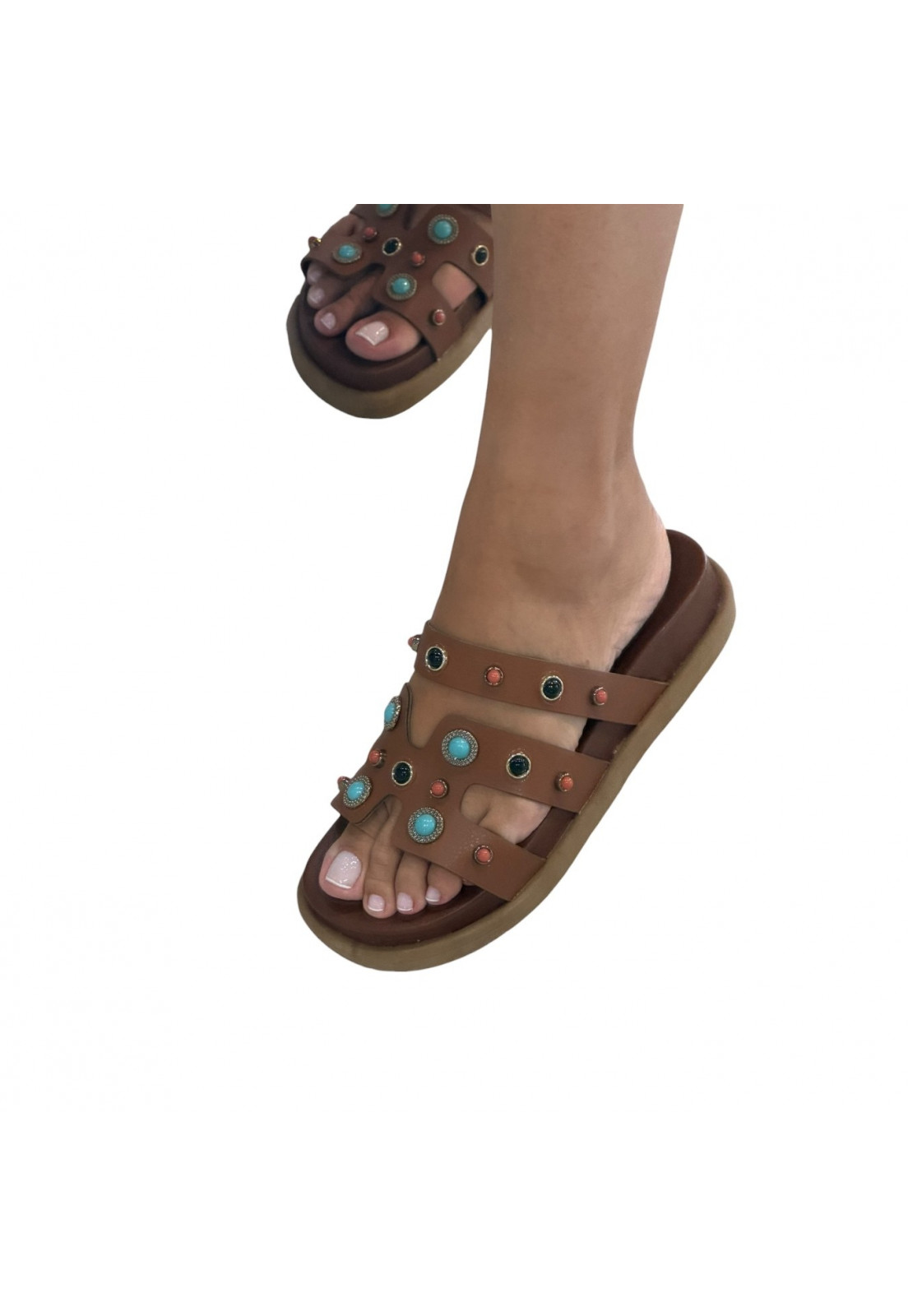 Sandália PAPETE BIRKEN Caramelo enfeites Esferas Azuis