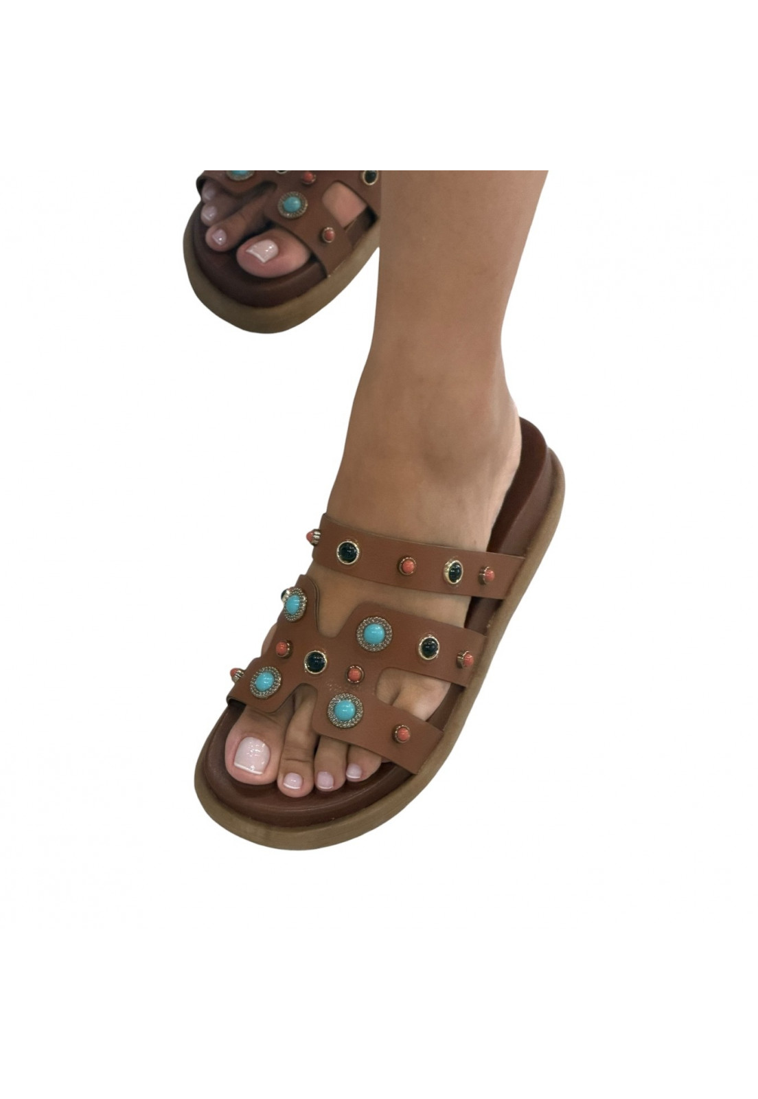 Sandália PAPETE BIRKEN Caramelo enfeites Esferas Azuis