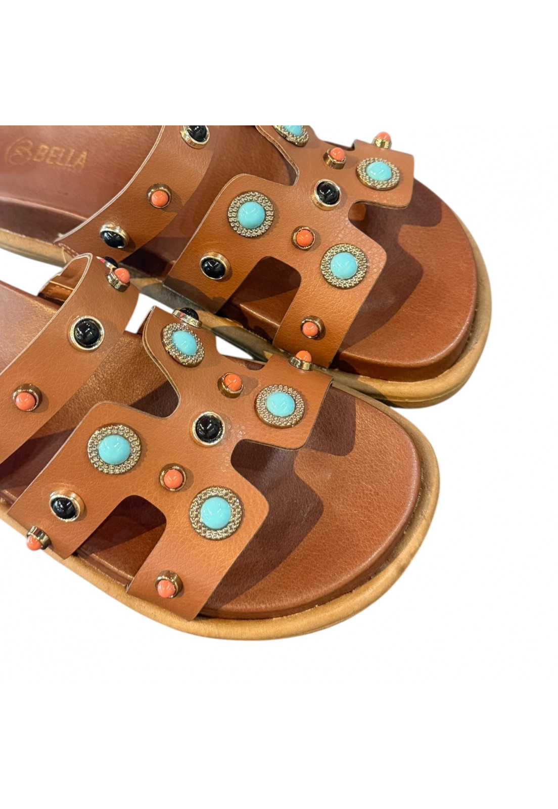 Sandália PAPETE BIRKEN Caramelo enfeites Esferas Azuis