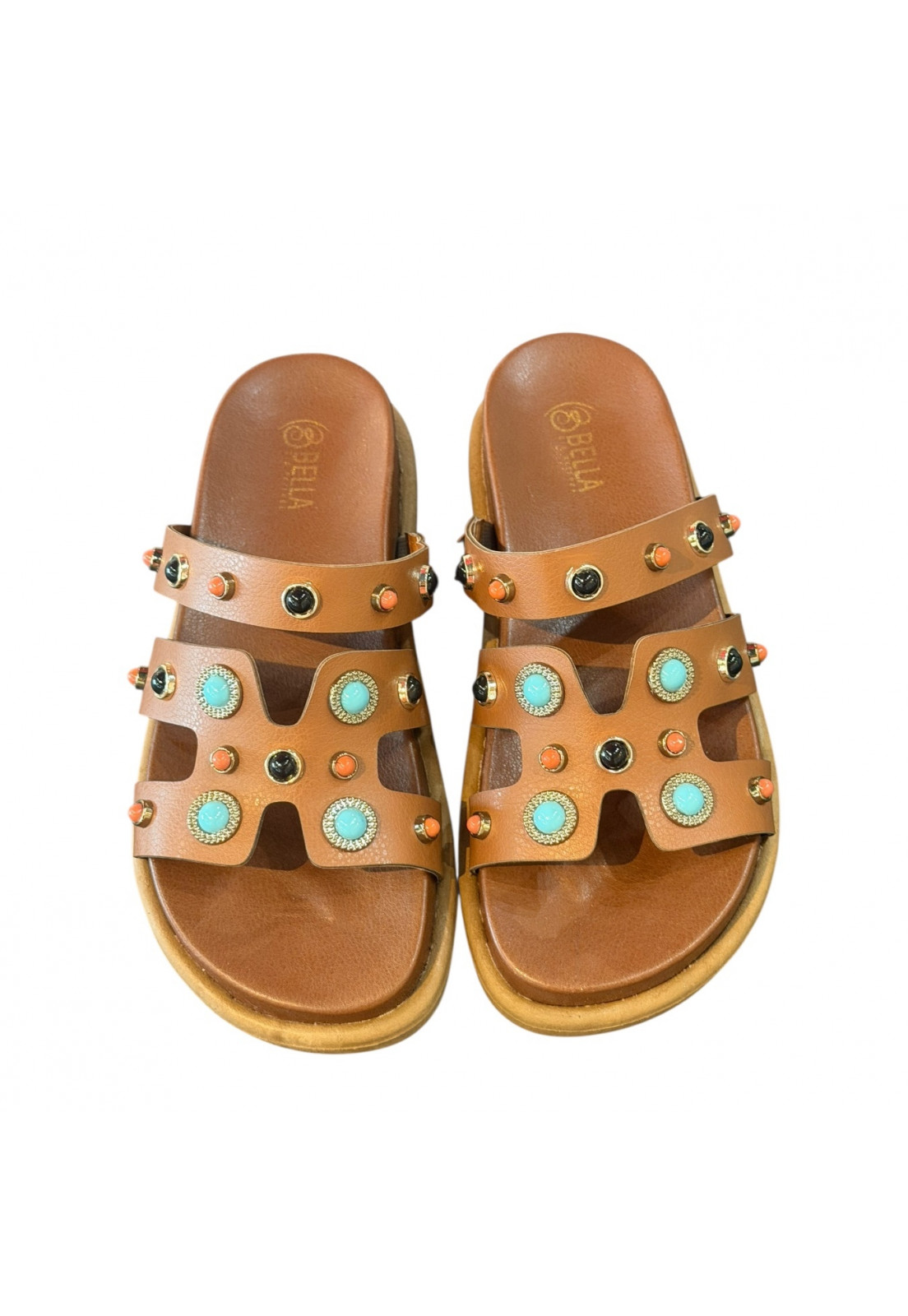 Sandália PAPETE BIRKEN Caramelo enfeites Esferas Azuis