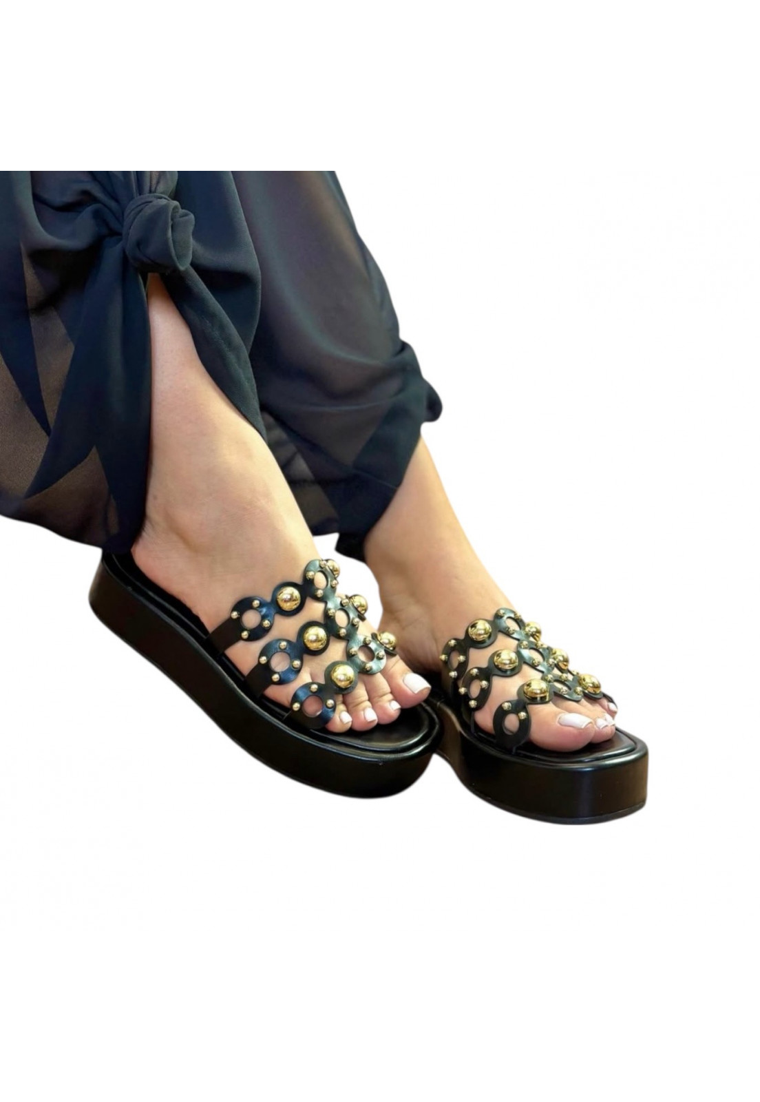 Sandália PAPETE Tamanco Plataforma Birken Preta com esferas douradas